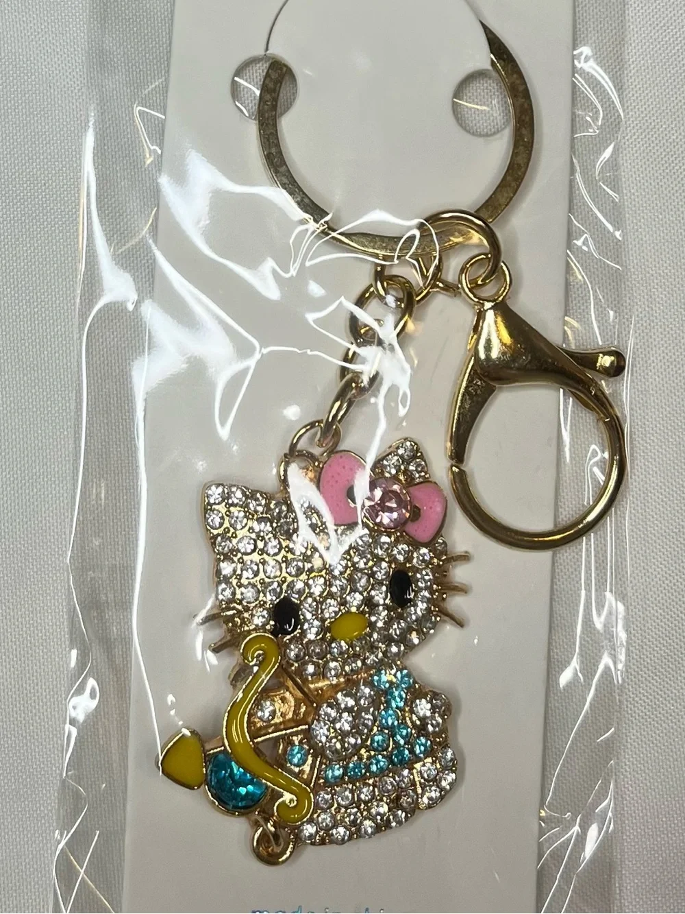 Hello Kitty Inspired Gold-Tone Pink Bow Crystal Keychain Bag Charm